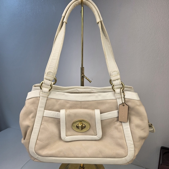 Coach Cricket Leather Tote Shoulder Bag Satchel Purse Medium White Tan Beige - Picture 1 of 16